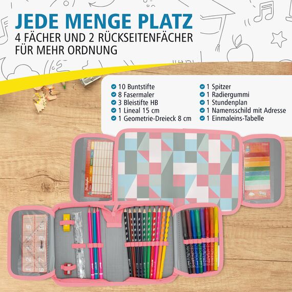 itenga Schüler-Etui 28 teilig gefüllt 1-Zipper Federmäppchen für Jungen und Mädchen (Muster Pastell)
