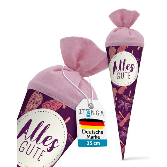 itenga Geschwisterschultüte 35 cm Tiere Pflanzen Muster Geschenkverpackung Schultüte Zuckertüte Filzverschluss Kinder Erwachsene (Libellen mit Text)