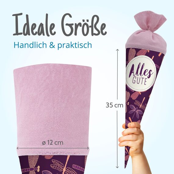 itenga Geschwisterschultüte 35 cm Tiere Pflanzen Muster Geschenkverpackung Schultüte Zuckertüte Filzverschluss Kinder Erwachsene (Libellen mit Text)