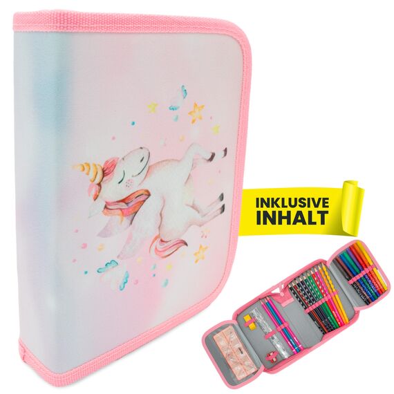 itenga Schüler-Etui 28 teilig gefüllt 1-Zipper Federmäppchen für Jungen und Mädchen (Einhorn)