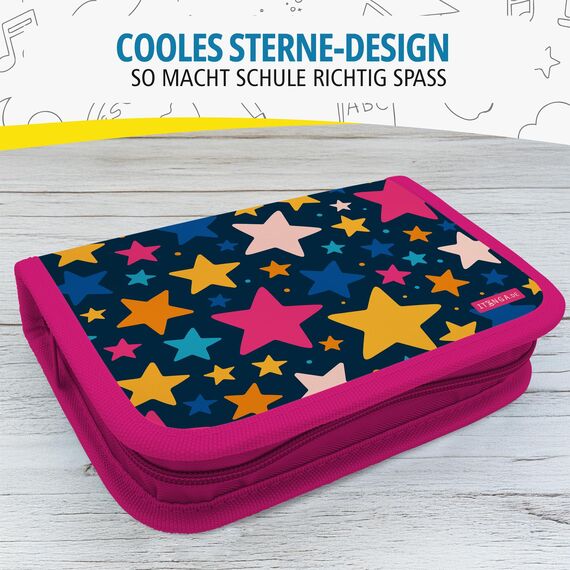 itenga Schüler-Etui 28 teilig gefüllt 1-Zipper Federmäppchen für Jungen und Mädchen (Sterne)