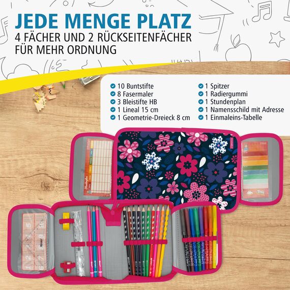 itenga Schüler-Etui 28 teilig gefüllt 1-Zipper Federmäppchen für Jungen und Mädchen (Blumen)