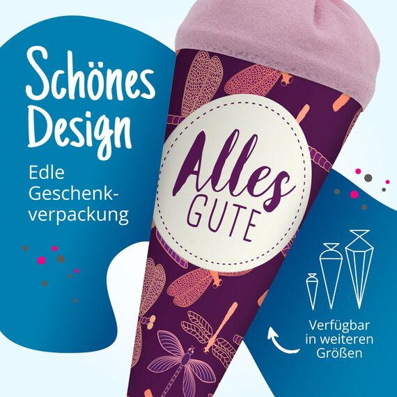itenga Geschwisterschultüte 35 cm Tiere Pflanzen Muster Geschenkverpackung Schultüte Zuckertüte Filzverschluss Kinder Erwachsene (Libellen mit Text)