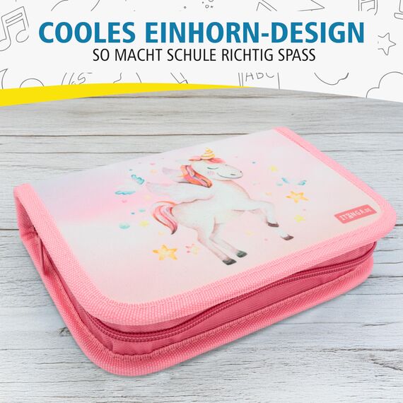 itenga Schüler-Etui 28 teilig gefüllt 1-Zipper Federmäppchen für Jungen und Mädchen (Einhorn)