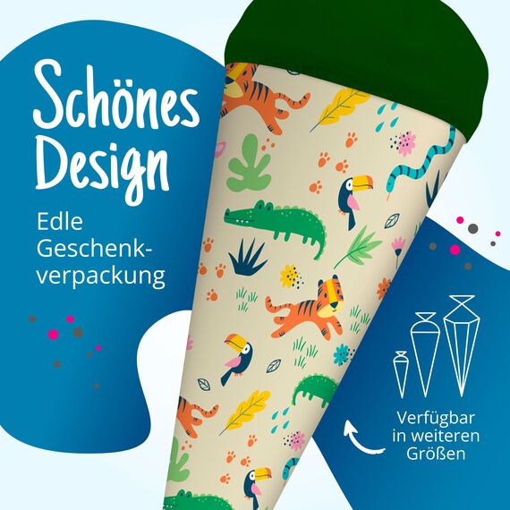 itenga Geschwisterschultüte 35cm Tiere Tiermuster Geschenkverpackung Schultüte Zuckertüte Filzverschluss Kinder Erwachsene (Dschungeltiere)