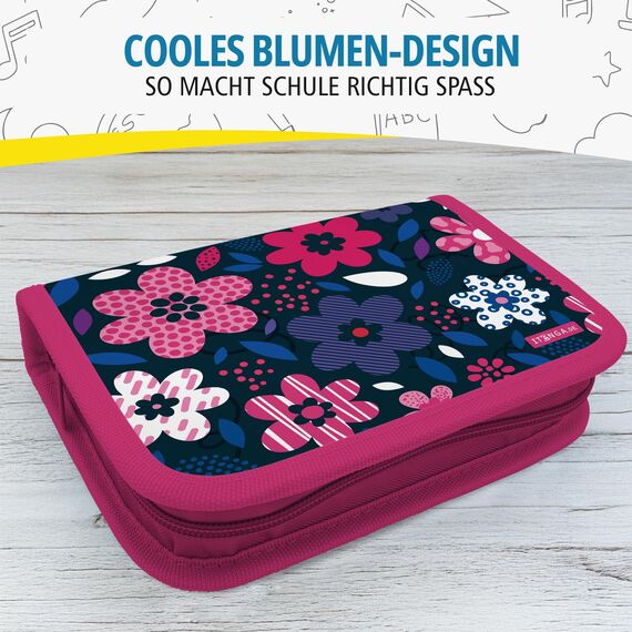 itenga Schüler-Etui 28 teilig gefüllt 1-Zipper Federmäppchen für Jungen und Mädchen (Blumen)