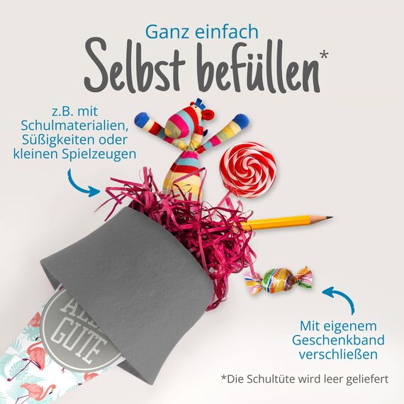 itenga Geschwisterschultüte 35 cm Tiere Pflanzen Muster Geschenkverpackung Schultüte Zuckertüte Filzverschluss Kinder Erwachsene (Flamingo mit Text)