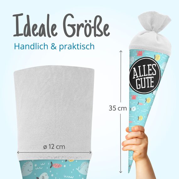 itenga Geschwisterschultüte 35 cm Tiere Pflanzen Muster Geschenkverpackung Schultüte Zuckertüte Filzverschluss Kinder Erwachsene (Fische mit Text)