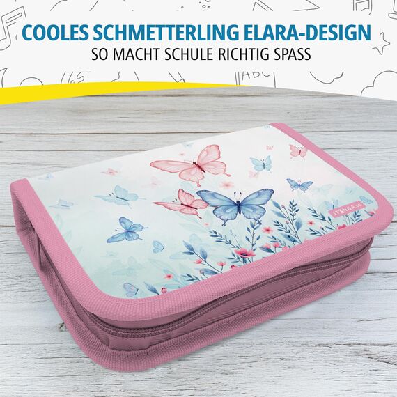 itenga Schüler-Etui 28 teilig gefüllt 1-Zipper Federmäppchen für Jungen und Mädchen (Schmetterling Elara)