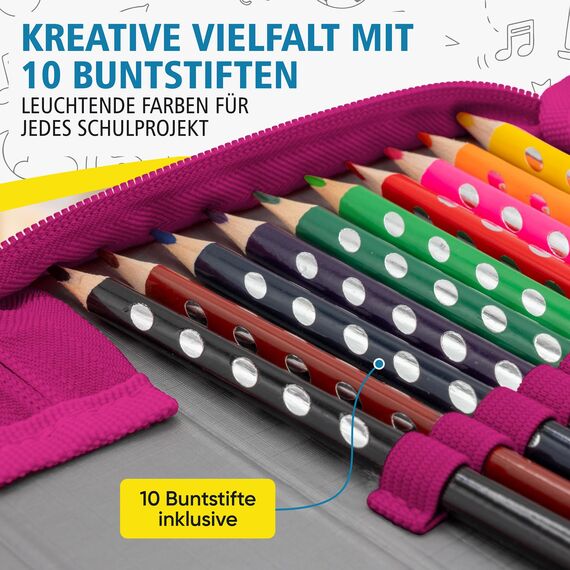 itenga Schüler-Etui 28 teilig gefüllt 1-Zipper Federmäppchen für Jungen und Mädchen (Sterne)