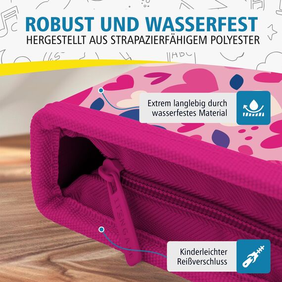 itenga Schüler-Etui 28 teilig gefüllt 1-Zipper Federmäppchen für Jungen und Mädchen (Herzen)