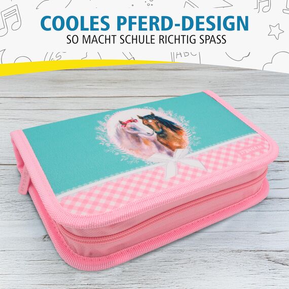itenga Schüler-Etui 28 teilig gefüllt 1-Zipper Federmäppchen für Jungen und Mädchen (Pferd)