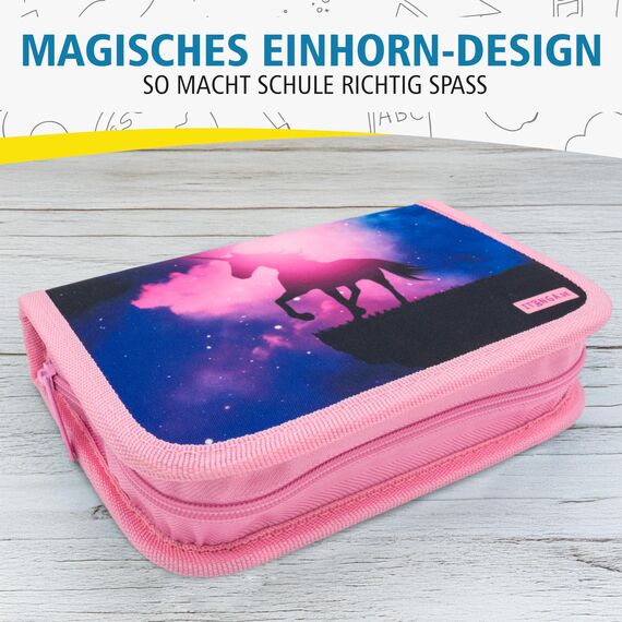 itenga Schüler-Etui 28 teilig gefüllt 1-Zipper Federmäppchen für Jungen und Mädchen (magisches Einhorn)