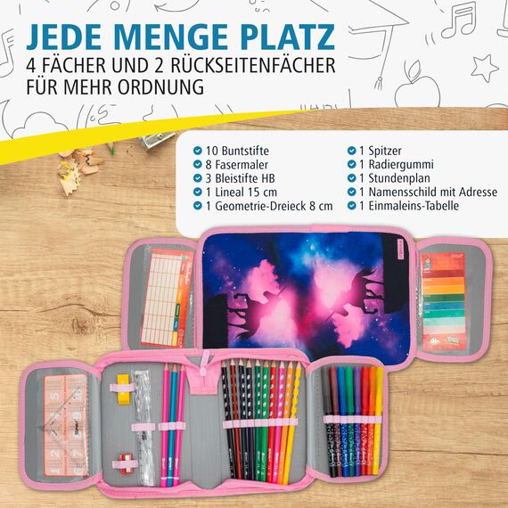 itenga Schüler-Etui 28 teilig gefüllt 1-Zipper Federmäppchen für Jungen und Mädchen (magisches Einhorn)