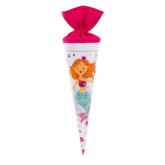 goldbuch 93 582 Geschwistertüte Fräulein Meer, Schultüte mit Meerjungfrauenmotiv, Lackkarton, Geschenkverpackung, pinker Filzverschluss (ohne Verschlussband), Zuckertüte rund, Länge 35 cm, Ø 11,5 cm