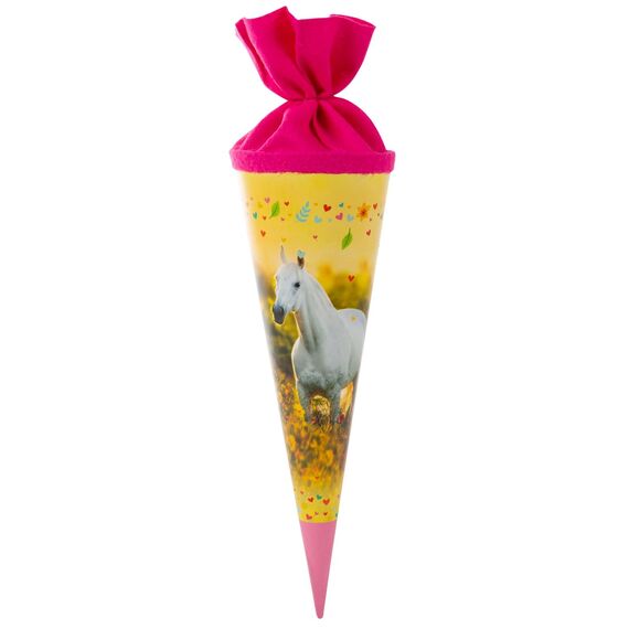 goldbuch 93 117 Geschwistertüte Chiara, Schultüte mit Pferde-Motiv, Lackkarton, Geschenkverpackung mit pinkem Filzverschluss (ohne Verschlussband), Zuckertüte rund, Länge 35 cm, Ø 11,5 cm, Gelb