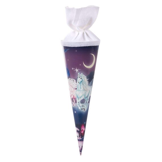 goldbuch 93 579 Geschwistertüte Einhorn, Schultüte mit Einhornmotiv, Lackkarton, Geschenkverpackung mit weißem Filzverschluss (ohne Verschlussband), Zuckertüte rund, Länge 35 cm, Ø 11,5 cm, Violett