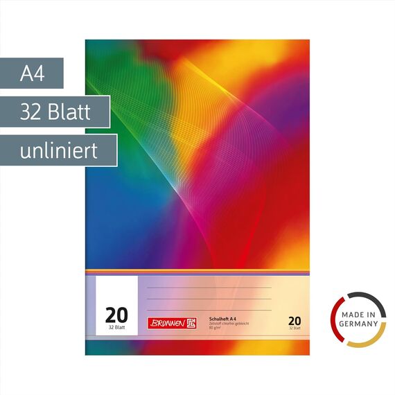 BRUNNEN 3er Pack Schulhefte | A4, Lineatur 20, 32 Blatt, mehrfarbig