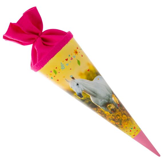 goldbuch 93 117 Geschwistertüte Chiara, Schultüte mit Pferde-Motiv, Lackkarton, Geschenkverpackung mit pinkem Filzverschluss (ohne Verschlussband), Zuckertüte rund, Länge 35 cm, Ø 11,5 cm, Gelb