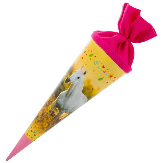 goldbuch 93 117 Geschwistertüte Chiara, Schultüte mit Pferde-Motiv, Lackkarton, Geschenkverpackung mit pinkem Filzverschluss (ohne Verschlussband), Zuckertüte rund, Länge 35 cm, Ø 11,5 cm, Gelb