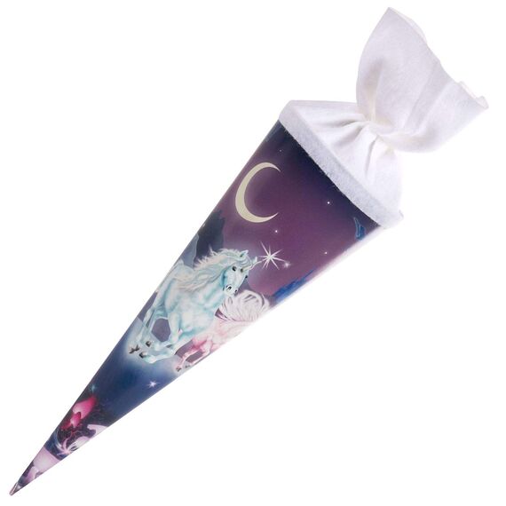 goldbuch 93 579 Geschwistertüte Einhorn, Schultüte mit Einhornmotiv, Lackkarton, Geschenkverpackung mit weißem Filzverschluss (ohne Verschlussband), Zuckertüte rund, Länge 35 cm, Ø 11,5 cm, Violett