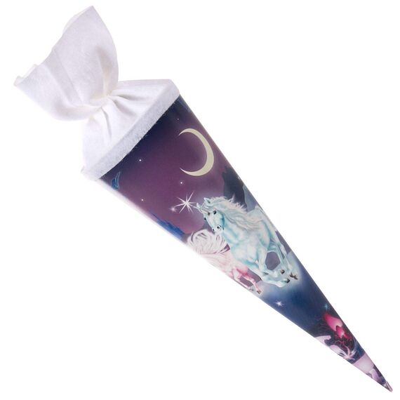 goldbuch 93 579 Geschwistertüte Einhorn, Schultüte mit Einhornmotiv, Lackkarton, Geschenkverpackung mit weißem Filzverschluss (ohne Verschlussband), Zuckertüte rund, Länge 35 cm, Ø 11,5 cm, Violett