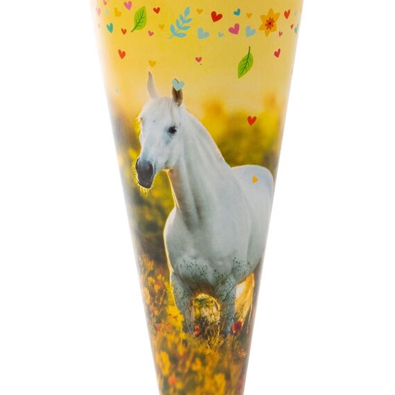 goldbuch 93 117 Geschwistertüte Chiara, Schultüte mit Pferde-Motiv, Lackkarton, Geschenkverpackung mit pinkem Filzverschluss (ohne Verschlussband), Zuckertüte rund, Länge 35 cm, Ø 11,5 cm, Gelb