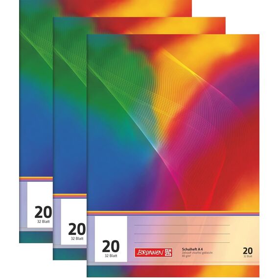 BRUNNEN 3er Pack Schulhefte | A4, Lineatur 20, 32 Blatt, mehrfarbig