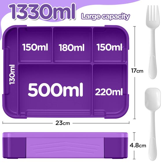 WayEee Brotdose Kinder mit Fächern 1330ml Lunchbox Kinder Auslaufsicher Brotdose Kinder für Kindergarten & Schule (Lila)