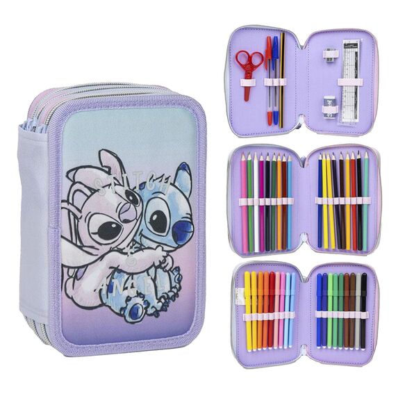 Federmäppchen 3-Fach – 44-teilig gefüllt – für Stitch und Angel Fan – mit Filzstiften, Buntstiften, Lineal – Viola – Schulmäppchen Mädchen & Geschenk für Kinder