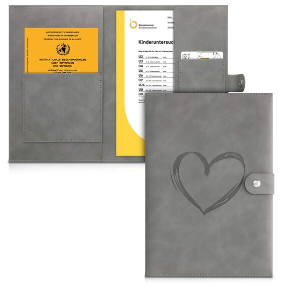 kwmobile Kunstleder Hülle für deutsches Untersuchungsheft - U-Heft Hülle und Impfpass Hülle - extra Fächer - Cover Herz Brush Grau