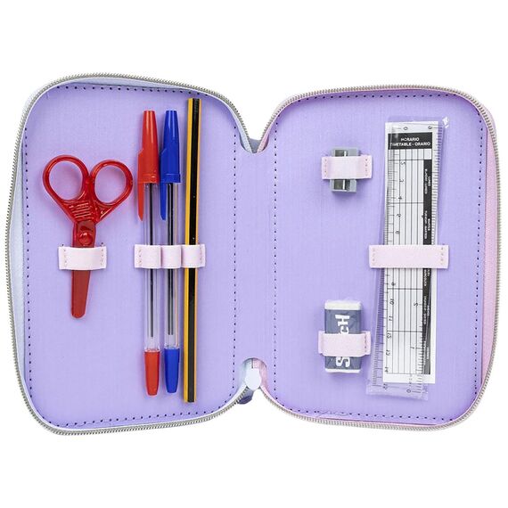Federmäppchen 3-Fach – 44-teilig gefüllt – für Stitch und Angel Fan – mit Filzstiften, Buntstiften, Lineal – Viola – Schulmäppchen Mädchen & Geschenk für Kinder