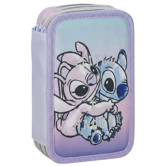 Federmäppchen 3-Fach – 44-teilig gefüllt – für Stitch und Angel Fan – mit Filzstiften, Buntstiften, Lineal – Viola – Schulmäppchen Mädchen & Geschenk für Kinder
