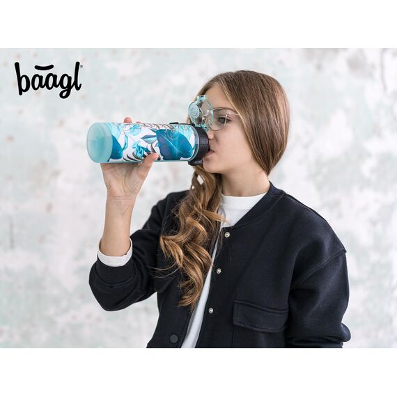 Baagl Kinder Trinkflasche, Auslaufsichere Wasserflasche 700ml, Schule und Sport Flasche für Mädchen, Vielseitige und Praktische Flasche mit verschließbarem Deckel (Leafs)
