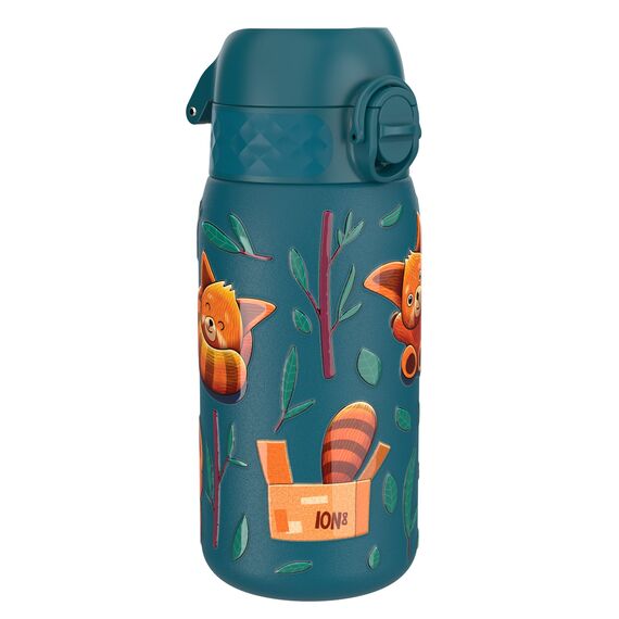 ION8 Kinder Trinkflasche, Edelstahl Leicht 400ml, Nicht Isoliert, Auslaufsicher, Einhandöffnung, Sichere Verriegelung, Spülmaschinenfest, Klappdeckel, Tragegriff, Leicht zu Reinigen, Rote Pandas