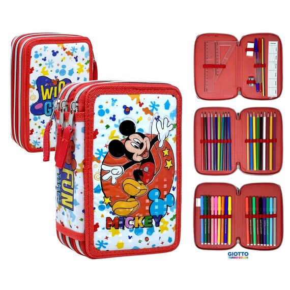Clondo 3D Federmäppchen 3-Fach – 44-teilig gefüllt – für Micky Maus Fan – mit Filzstiften, Buntstiften, Lineal – Rot – Schulmäppchen & Geschenk für Kinder