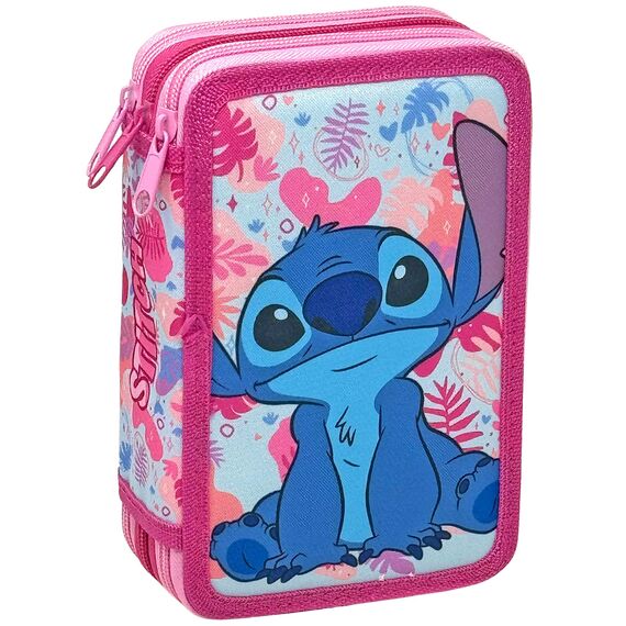 3-Fach Federmäppchen für Stitch Fan – 44-teilig, komplett gefüllt, inklusive Stifte, Bleistifte, Filzstifte, Buntstifte, Scheren – Grundschule und Geschenk – Offizielles Gadget für Kinder