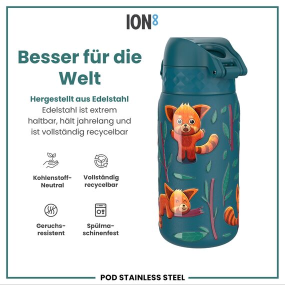ION8 Kinder Trinkflasche, Edelstahl Leicht 400ml, Nicht Isoliert, Auslaufsicher, Einhandöffnung, Sichere Verriegelung, Spülmaschinenfest, Klappdeckel, Tragegriff, Leicht zu Reinigen, Rote Pandas