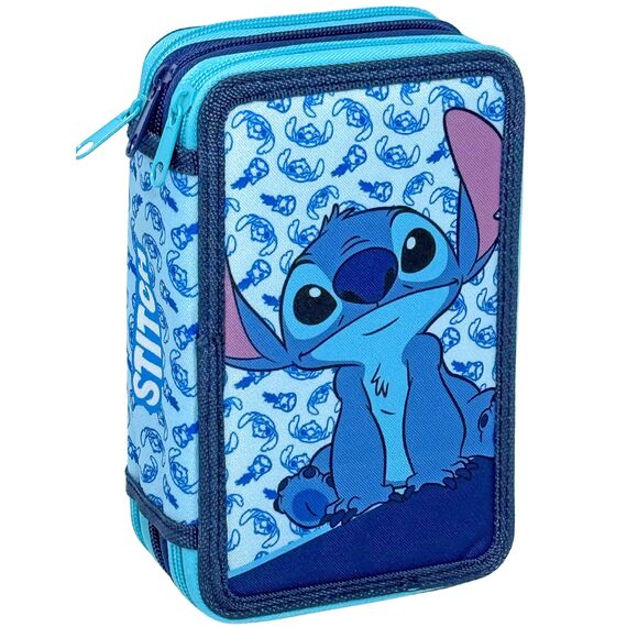 3-Fach Federmäppchen für Stitch Fan – 44-teilig, komplett gefüllt, inklusive Stifte, Bleistifte, Filzstifte, Buntstifte, Scheren – Grundschule und Geschenk – Offizielles Gadget für Kinder