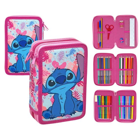 3-Fach Federmäppchen für Stitch Fan – 44-teilig, komplett gefüllt, inklusive Stifte, Bleistifte, Filzstifte, Buntstifte, Scheren – Grundschule und Geschenk – Offizielles Gadget für Kinder