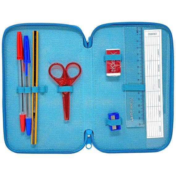Clondo Dreifach Gefüllt Federmäppchen für Kinder, für Stitch Fans, Jungen und Mädchen, 44 Schulutensilien, 3 Reißverschlüsse, Buntstifte, Filzstifte, Schere