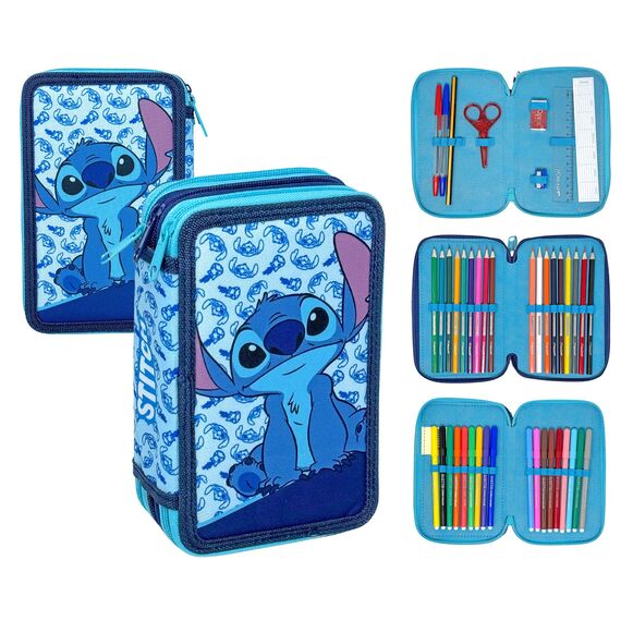 3-Fach Federmäppchen für Stitch Fan – 44-teilig, komplett gefüllt, inklusive Stifte, Bleistifte, Filzstifte, Buntstifte, Scheren – Grundschule und Geschenk – Offizielles Gadget für Kinder