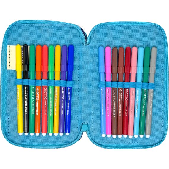 3-Fach Federmäppchen für Stitch Fan – 44-teilig, komplett gefüllt, inklusive Stifte, Bleistifte, Filzstifte, Buntstifte, Scheren – Grundschule und Geschenk – Offizielles Gadget für Kinder