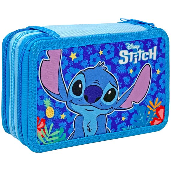 Clondo Dreifach Gefüllt Federmäppchen für Kinder, für Stitch Fans, Jungen und Mädchen, 44 Schulutensilien, 3 Reißverschlüsse, Buntstifte, Filzstifte, Schere