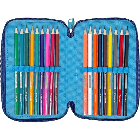 3-Fach Federmäppchen für Stitch Fan – 44-teilig, komplett gefüllt, inklusive Stifte, Bleistifte, Filzstifte, Buntstifte, Scheren – Grundschule und Geschenk – Offizielles Gadget für Kinder