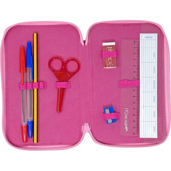 3-Fach Federmäppchen für Stitch Fan – 44-teilig, komplett gefüllt, inklusive Stifte, Bleistifte, Filzstifte, Buntstifte, Scheren – Grundschule und Geschenk – Offizielles Gadget für Kinder