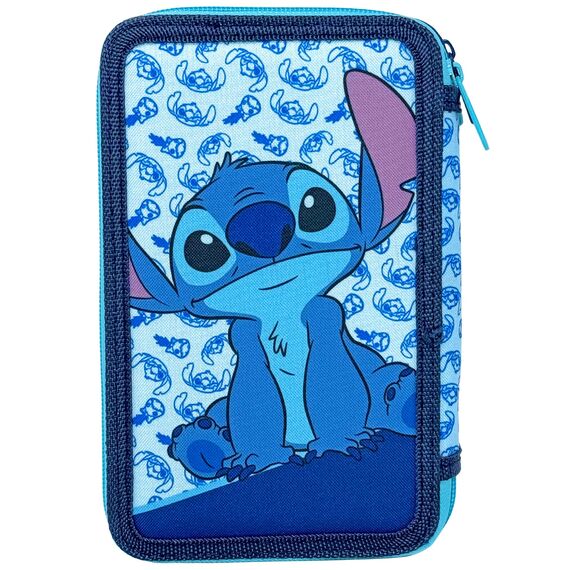 3-Fach Federmäppchen für Stitch Fan – 44-teilig, komplett gefüllt, inklusive Stifte, Bleistifte, Filzstifte, Buntstifte, Scheren – Grundschule und Geschenk – Offizielles Gadget für Kinder