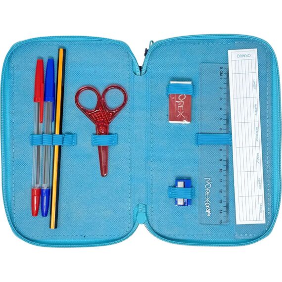 3-Fach Federmäppchen für Stitch Fan – 44-teilig, komplett gefüllt, inklusive Stifte, Bleistifte, Filzstifte, Buntstifte, Scheren – Grundschule und Geschenk – Offizielles Gadget für Kinder