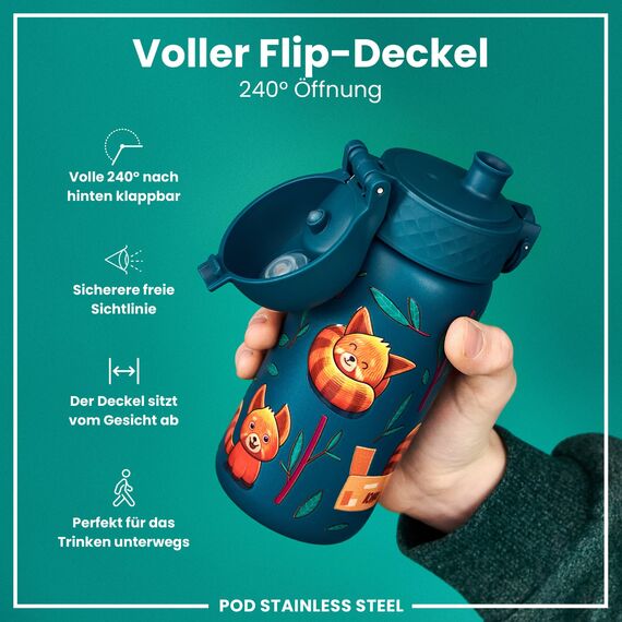 ION8 Kinder Trinkflasche, Edelstahl Leicht 400ml, Nicht Isoliert, Auslaufsicher, Einhandöffnung, Sichere Verriegelung, Spülmaschinenfest, Klappdeckel, Tragegriff, Leicht zu Reinigen, Rote Pandas