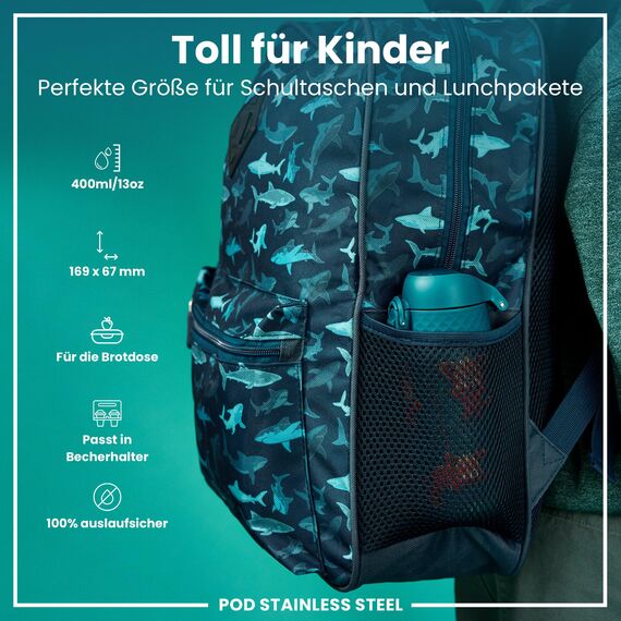 ION8 Kinder Trinkflasche, Edelstahl Leicht 400ml, Nicht Isoliert, Auslaufsicher, Einhandöffnung, Sichere Verriegelung, Spülmaschinenfest, Klappdeckel, Tragegriff, Leicht zu Reinigen, Rote Pandas